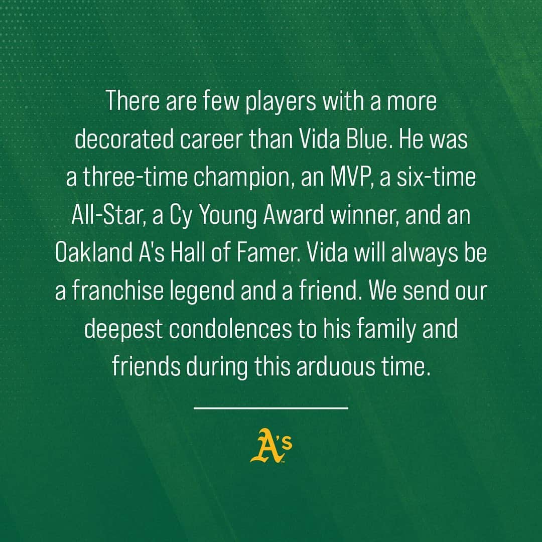 オークランド・アスレチックスさんのインスタグラム写真 - (オークランド・アスレチックスInstagram)「A statement from the Oakland A's on the passing of Vida Blue.」5月7日 23時58分 - athletics