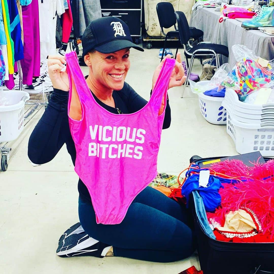 P!nk（ピンク）のインスタグラム：「I brought some stuff from home in case my actual wardrobe doesn’t work out. In every tour, I usually use something I’ve been hoarding for fifteen years. In this case- I’ve only had this for a couple months- but If I need it- it’s here! Production rehearsals are going swimmingly. This show is actual bananas psychosis and my body hurts in the best way possible. I cannot wait to be with you. I have missed this and you all so much. Let’s gooooooooo」