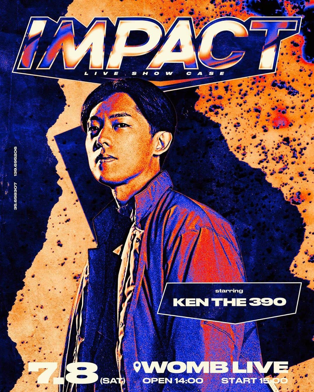 KEN THE 390のインスタグラム：「新しいライブイベントをスタートします！ まずは出演第一弾を発表しました！  全10組以上の豪華なラインナップが揃っているので、第二弾も楽しみにしていてください🔥  2023年7月8日(土) IMPACT  会場 : WOMB LIVE  OPEN 14:00 START 15:00  <第一弾出演アーティスト発表!!> 般若 / ICE BAHN / 呂布カルマ / KEN THE 390  [チケット] FC390先行 : 5/8(月) 12:00 ~  一般発売 : 5/13(土) 10:00 ~  #インパクトLIVE」