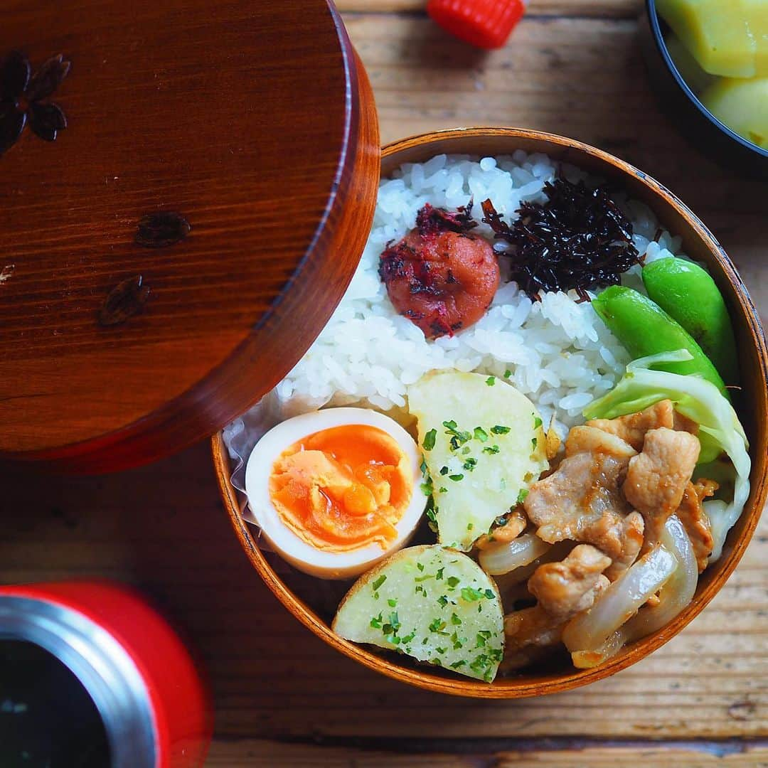 シンプルご飯が好き。さんのインスタグラム写真 - (シンプルご飯が好き。Instagram)「女子高生弁当 豚ロース生姜焼き 蒸し焼きキャベツとスナップさん 海苔塩ふかしジャガイモ 麺つゆ味玉 わかめとお麩の味噌汁 キウイ 3枚目は前日支度 ━━━☞━━━☞━━━☞━━━☞𓃟𓃟＊ 春野菜だらけのお弁当でおはようございます。 朝ラクにするために生姜焼きのタレも夜のうちに合わせておきました。  GWはほんとサッカー漬けでした。 普段は土曜日も仕事があるのでこんなに連日応援に行ったのは久しぶり。 息子の成長に泣き笑いありのGWでした。 GKの母って心臓持たないね…  丸の内さんは今週は校外学習でお泊まりがあります。末っ子と違い感情を表にあまり出さない子なので色々と心配。  バスの座席すら気になってしまう🧎‍♀️  今日から月曜日、また頑張ろー𓀤」5月8日 6時47分 - heavydrinker