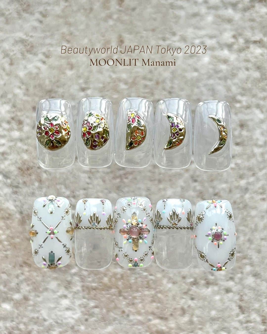 mananailsのインスタグラム：「Beautyworld JAPAN Tokyo 2023  15th(Mon.)15:00〜15:40 "Stones embedded jewelry" ストーンが埋め込まれているような不思議なジュエリー💎 ステージではハートのジュエリーを作ります🫶🏼  16th(Tue.)12:50〜13:30 "Indian Beaded jewelry" インディアンビーズ刺繍からインスパイアされた 細かくてキラキラつぶつぶのかわいい、今1番人気なデザイン💫  @trinagel_official ステージでお待ちしています🫶🏼」
