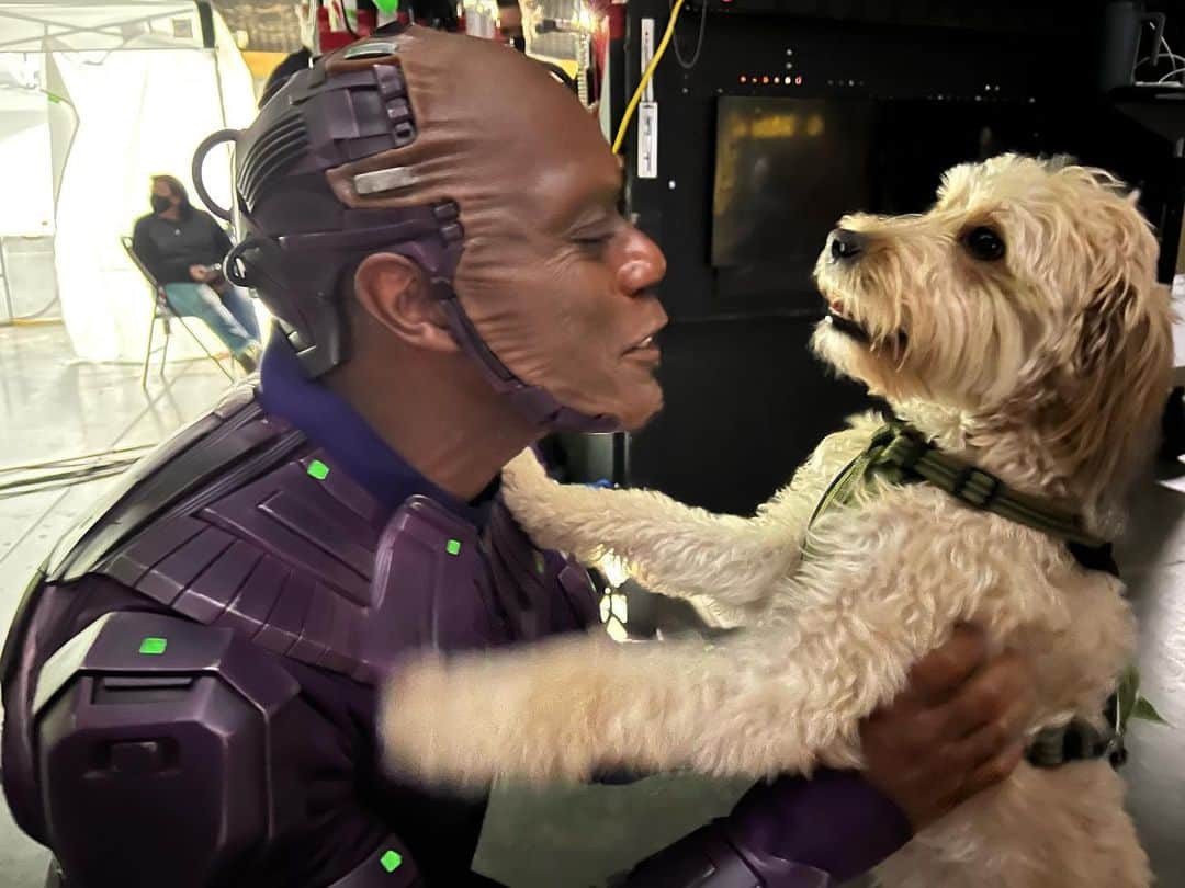 ジェームズ・ガンのインスタグラム：「Behind the scenes he loves animals (with our set buddy River on set). #gotgvol3」
