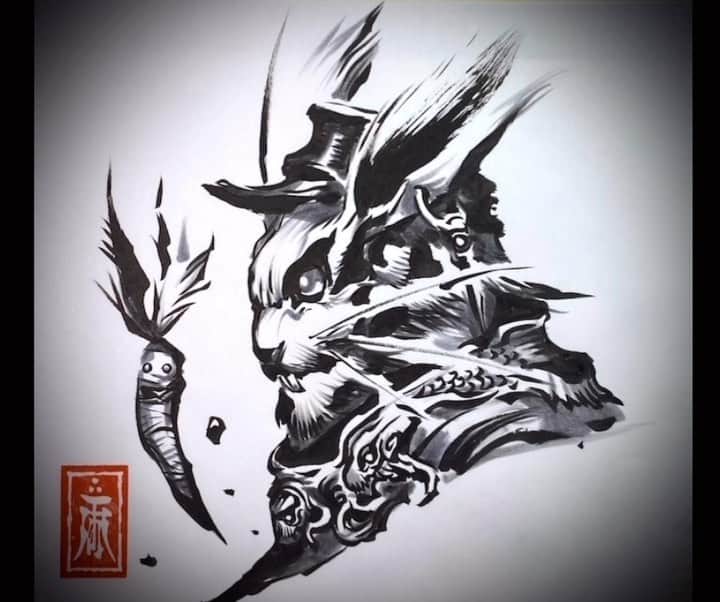 のインスタグラム：「66。伝説のウサギ番長！トモダチ思い。#動く筆練習 #ライブドローイング　#dragon #monster  #sketch #japan  #creature  #fairy  #drawing  #illustration」