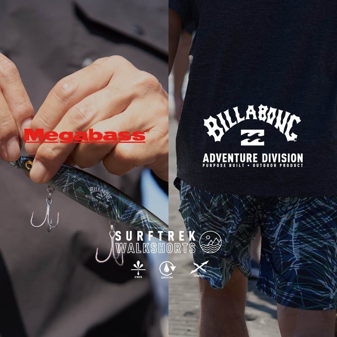 のインスタグラム：「BILLABONG × MEGABASS SURFTREK ELASTIC  ビラボン A/Div.と日本のトップ釣具メーカー、 @megabass_inc のコラボレーションが実現。 水陸両用の高機能ウォークショーツ “SURFTREK”とセットになるのは、 驚異のフィーディングインパクトを誇るミディアムダイバー“Cookai BRING 130S”、 そしてバスルアーの歴史的名作“POPX”。どちらのルアーも他では手に入らない特別仕様。 ブランドのクラフトマンシップが共鳴した数量限定のスペシャルボックスセットです。  4 月 14 日(金)より全国のビラボンストアで先行販売開始。  #BillabongAdventureDivision #メガバス #Megabass」