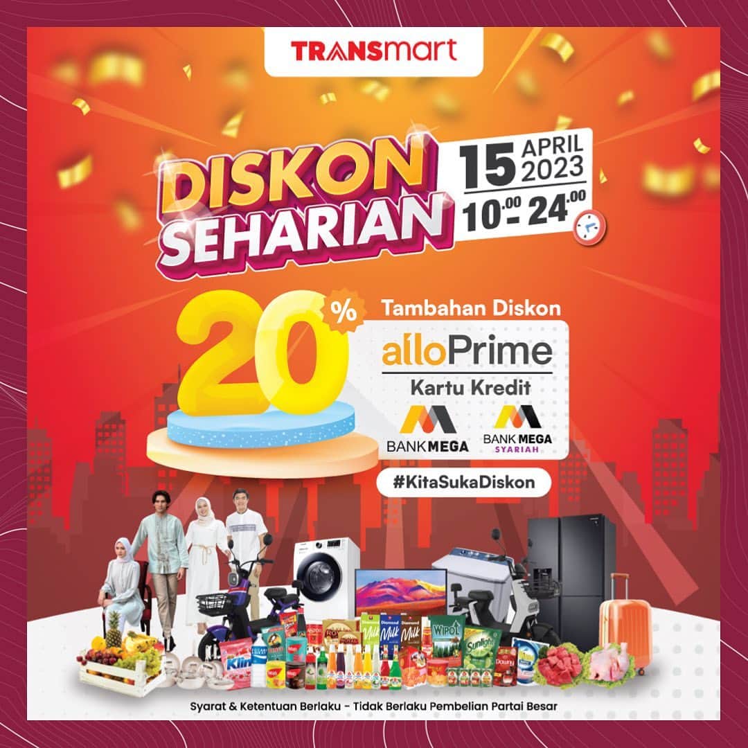 のインスタグラム：「Hari yang ditunggu-tunggu tiba juga nih Beauties! Mulai pukul 10 pagi hingga 12 malam tanggal 15 April besok, kamu akan mendapatkan diskon 20% belanja di Transmart lho! . Jangan lewatkan kesempatan ini untuk berbelanja cermat dan hemat. Ingat, transaksi bisa menggunakan AlloPrime dan kartu kredit Bank Mega yaaaa. Ayo, ajak keluarga dan teman-temanmu untuk berbelanja bersama di Transmart!  Shopping time, let's go!  #Transmart #KitaSukaDiskon」