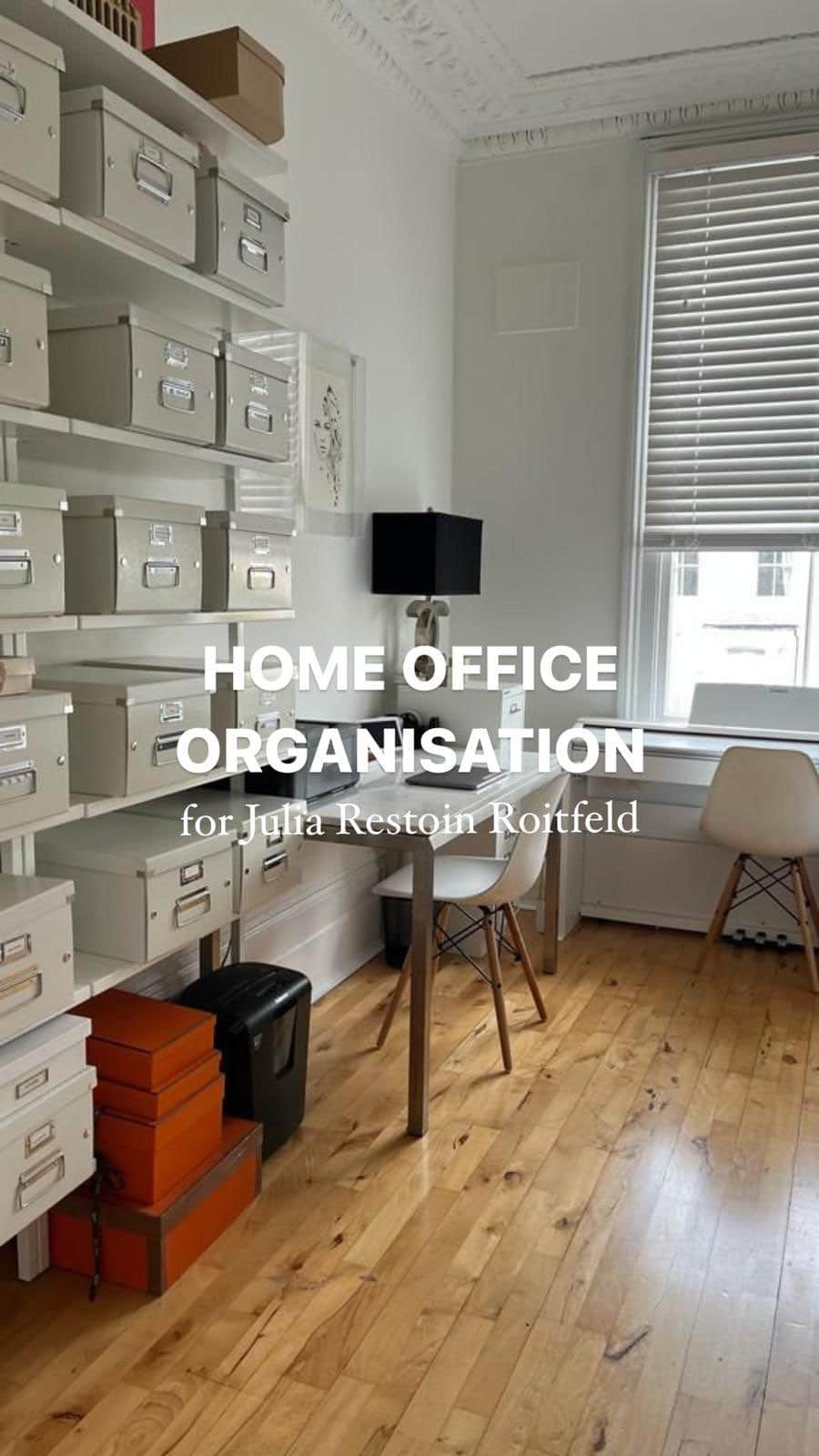 ジュリア・レストイン・ロイトフェルドのインスタグラム：「A brand new organised office for the wonderful @juliarestoinroitfeld ✨⁠ ⁠ Julia wanted to streamline her workspace, decluttering anything unnecessary so she has a clean space to get excited to work in each morning. It’s paramount to keep your office space decluttered and organised in order to have productivity in that area. We used a stackable drawers from @idlivesimplyuk to help contain a backstock of products. Every box has been labelled with easy access to store those precious and sentimental items away. What do you think of this organise? Let us know in the comments!⁠ ⁠ #homeorganization #homeorganizer #homeorganisation #homeorganiser #storage #organiser #declutter #declutteryourlife #hitchin #hertfordshire #hometransformation #organisedhome #roomtransformation #roominspi #homeinspo #babyroomdecor #homegoals #professionalorganiser #officedesign #officedecor」