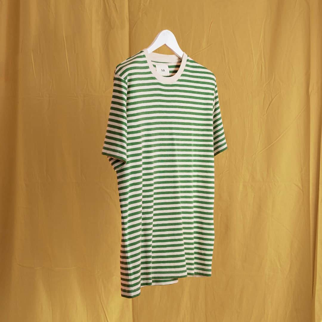 フォークのインスタグラム：「A Folk favourite, our Classic Stripe Tee. Great for a pop of colour under an open shirt or jacket, good worn solo in the afternoon sun. Either way it’s recognition of upcoming sunshine and easy pieces.  Available in 4 colourways now  #mensstyle #springsummer #stripes」