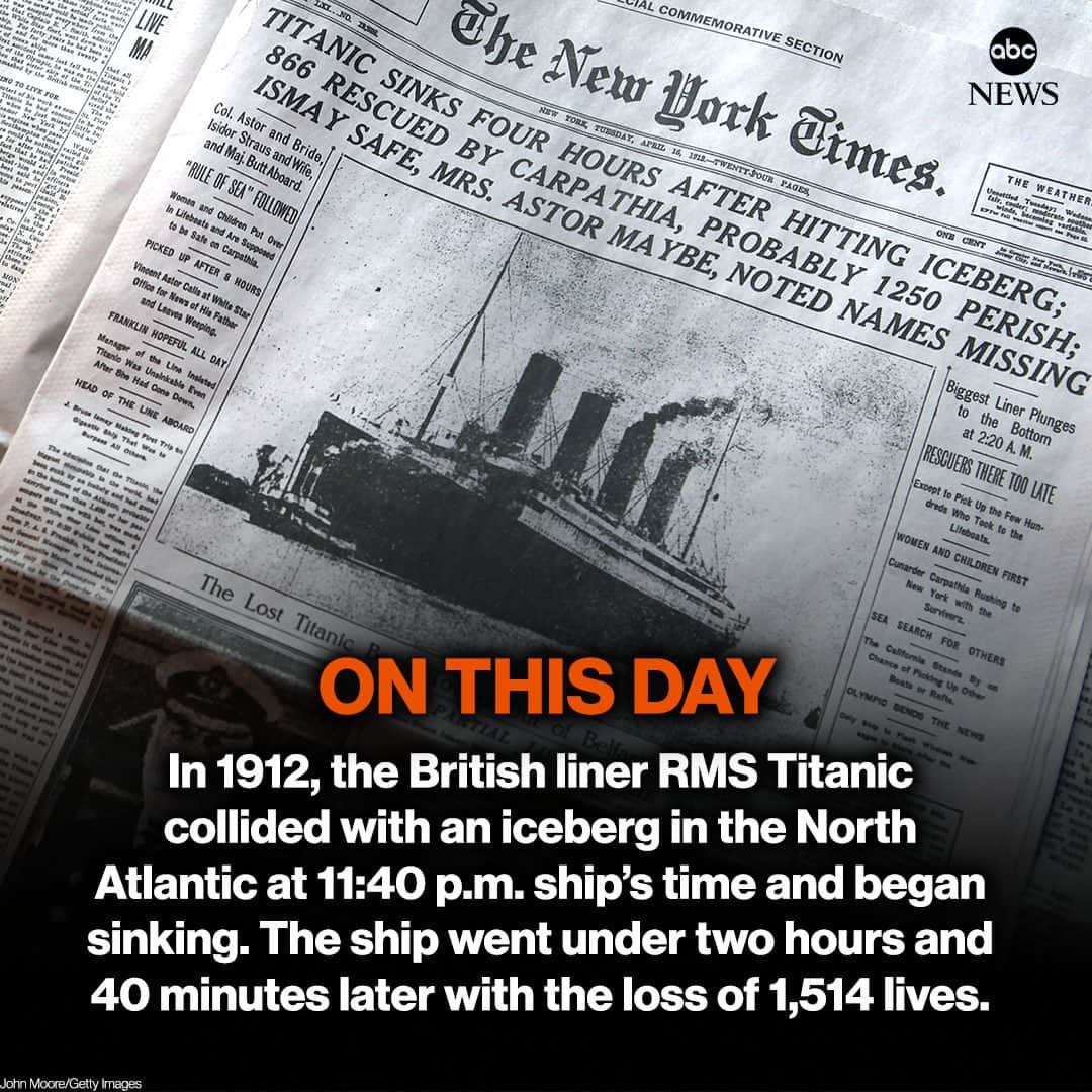 ABC Newsさんのインスタグラム写真 - (ABC NewsInstagram)「ON THIS DAY: 111 years ago, the British liner RMS Titanic collided with an iceberg in the North Atlantic at 11:40 p.m. ship’s time and began sinking.   The ship went under two hours and 40 minutes later with the loss of 1,514 lives. MORE AT LINK IN BIO. #TITANIC #ONTHISDAY #HISTORY」4月14日 19時00分 - abcnews