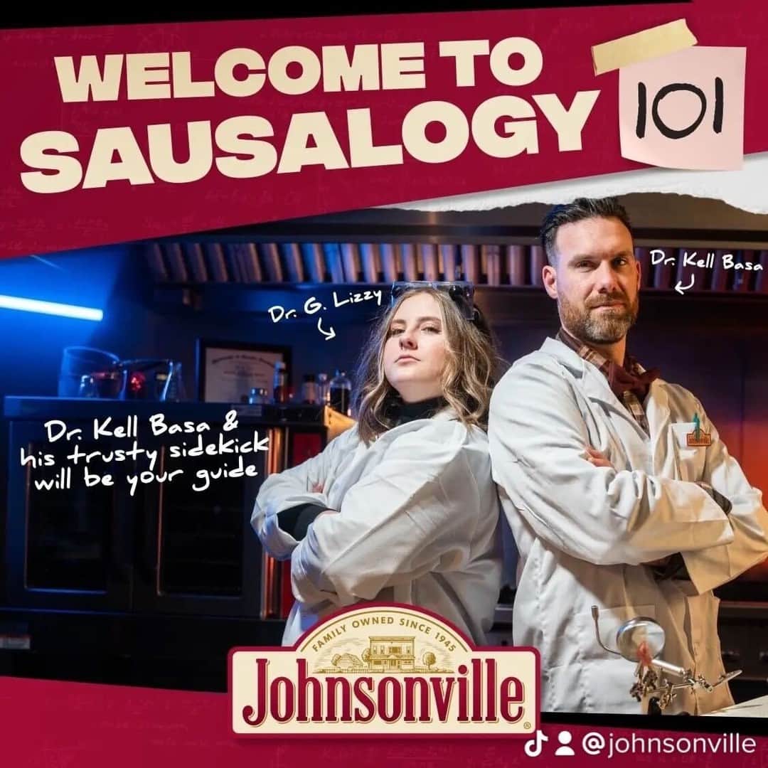 ジョンソンヴィルのインスタグラム：「Welcome to Sausalogy 101! You know, the study and science of sausage quality as it relates to flavor...obviously.  Until right this very second, the super advanced sausage technology to make these types of measurements hadn't been invented, so we solved that problem.  Follow along as Chief Sausalogist Dr. Kell Basa and his trusty sidekick Dr. G. Lizzy embark on a journey for superior sausage! #tastebettermadebetter #betterwithsausage #johnsonville #sausage #johnsonvillesausage #smokedsausage」