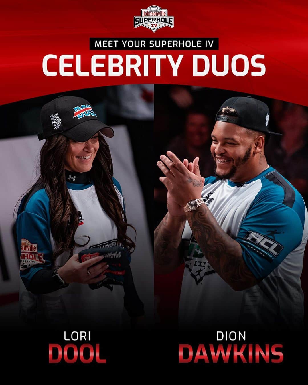 ジョンソンヴィルのインスタグラム：「The stage is set for the second SuperHole IV prelim of the season! 🔥 Our four celebrity / ACL Pro duos will compete live on ESPN2 on April 21 at 8:00pm ET, but only one pair will walk away with an automatic bid to the SuperHole IV Championship this summer. 🏆」