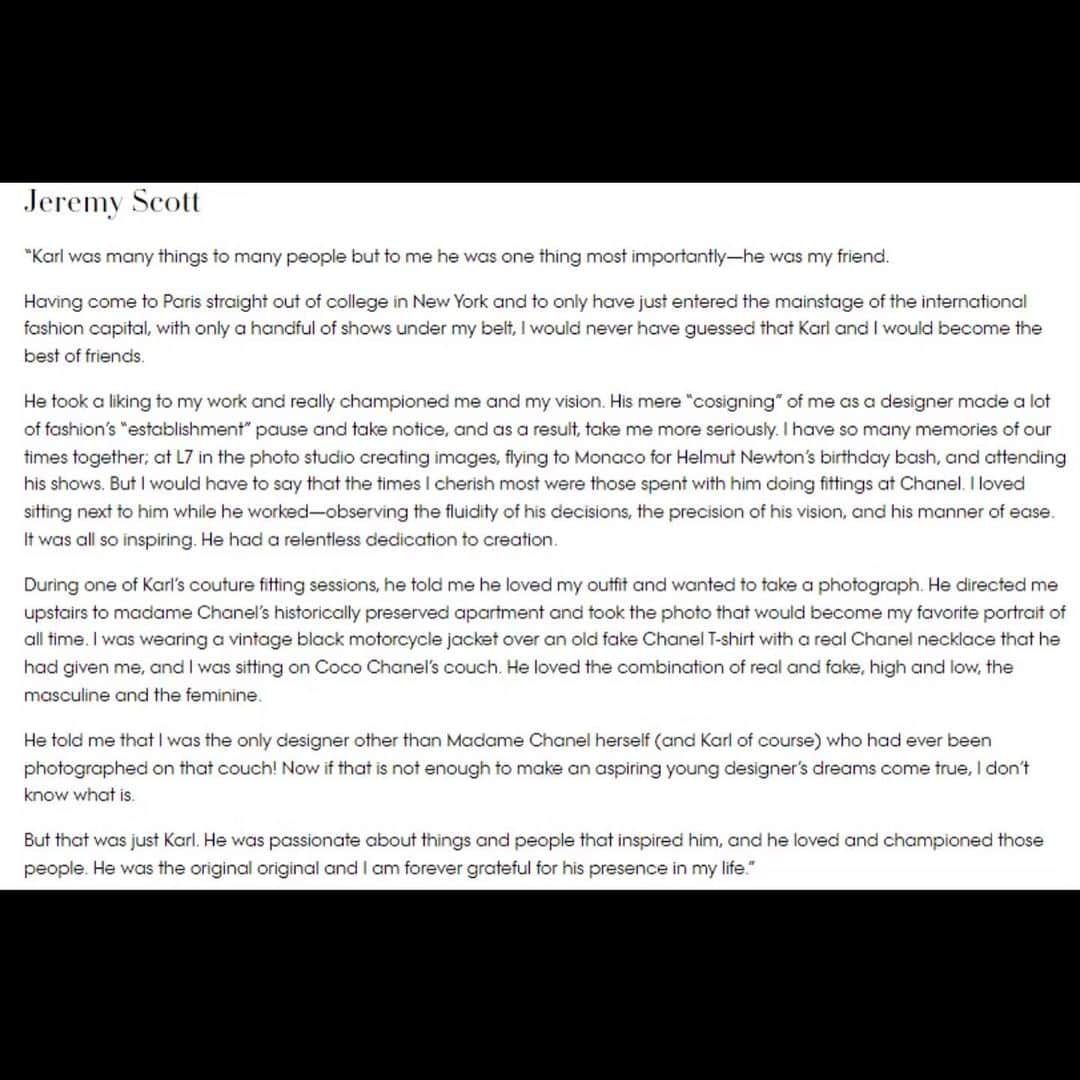ジェレミー・スコットさんのインスタグラム写真 - (ジェレミー・スコットInstagram)「I SPOKE TO @voguemagazine ABOUT MY FRIENDSHIP WITH KARL AND SHARED THE STORY BEHIND THE PORTRAIT HE TOOK OF ME ON COCO’S COUCH WEARING A BOOTLEG CHANEL TEE SHIRT WITH A REAL CHANEL NECKLACE THAT HE HAD GIVEN ME AND THEN DECLARING TO ME THAT I WAS THE ONLY OTHER DESIGNER THAN THE GREAT COCO CHANEL WHO HAD EVER BEEN PHOTOGRAPHED THERE ON THAT SOFA 😅 SEE THE PORTRAIT KARL SHOT OF ME AT THE END OF THE SLIDE ➡️」4月14日 23時12分 - jeremyscott