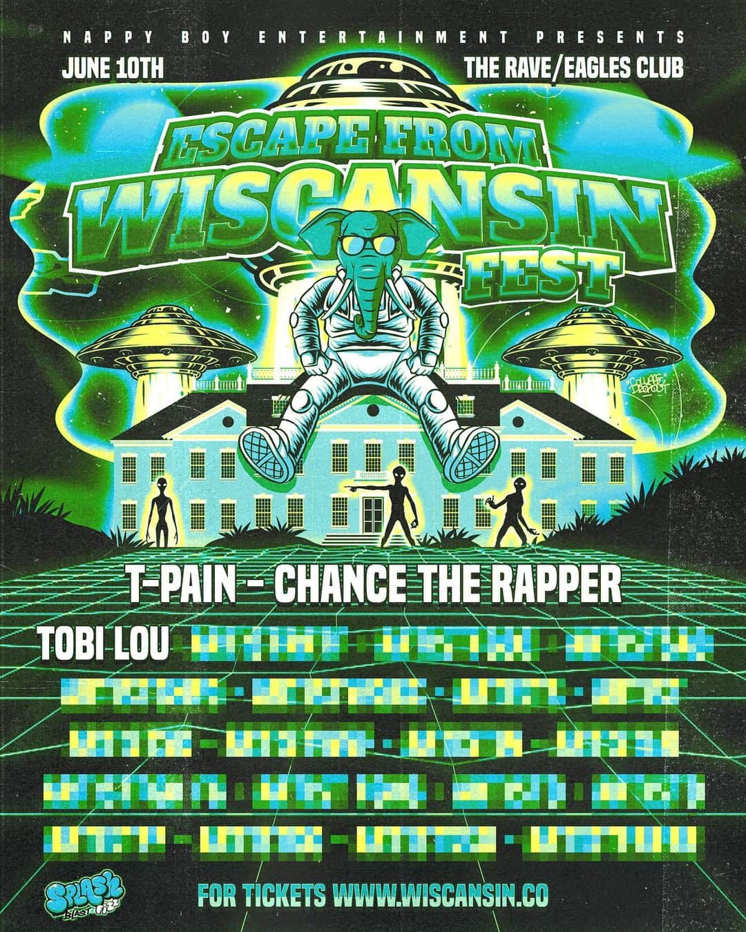 T-ペインのインスタグラム：「Tickets on sale NOW to ESCAPE FROM WISCANSIN: THE INVASION 🛸 We’re kicking things off at the second-ever @wiscansinfest with special guests @chancetherapper, @tobilou, + more 👽 BUT THAT’S NOT ALL! Cause we have a lineup of cities we’re stopping in to keep the party going all summer 🎉 Grab your tickets now with the link in my stories or bio and get ready for a show that’s out of this world 🚀 #EscapeFromWiscansin  🖼️: @collagedrop_out」
