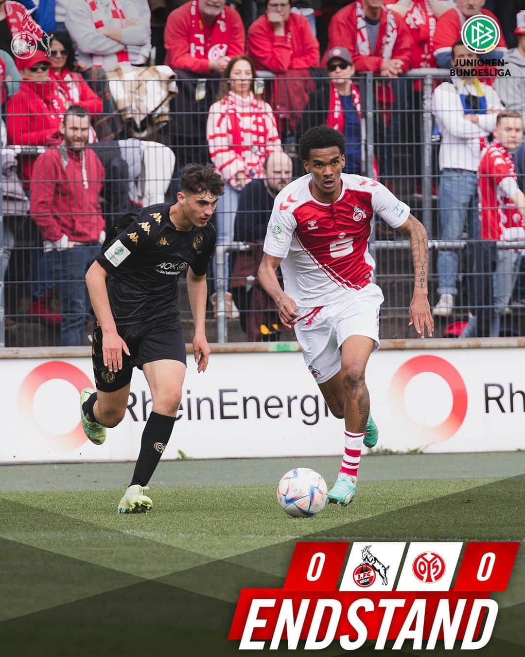 1.FCケルンのインスタグラム：「Es hat nicht ganz gereicht. Unsere U19 war am Drücker und hatte gute Chancen, doch das Tor sollte nicht fallen.  Nach der 0:1-Hinspielniederlage ist der Traum vom Endspiel um die Deutsche Meisterschaft geplatzt. Aber Kopf hoch, Jungs! Am 30. April steht ihr im DFB-Pokalfinale. Diesen Pott holt ihr! 🏆 ___ 🐐0:0 🎊 (90.) #effzeh #KOEM05 #younggoats」