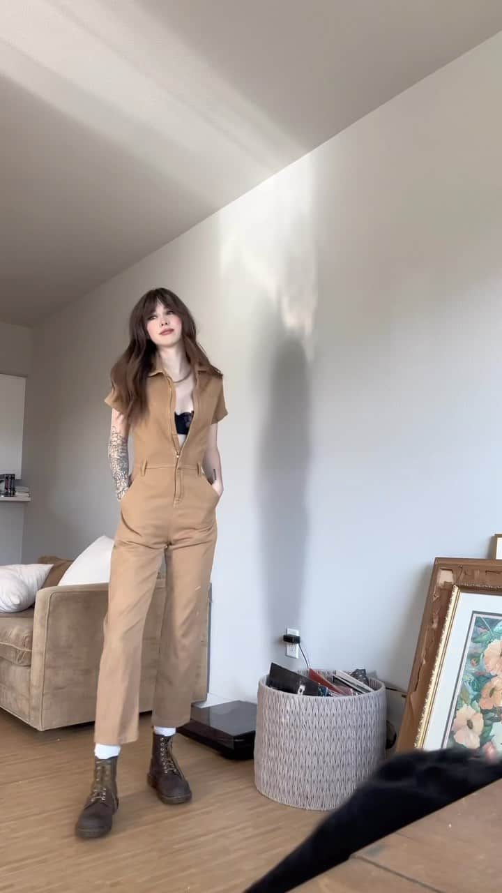 Acacia Brinleyのインスタグラム：「I’m about to do major damage at the thrifts today. Watch out world. She’s-a-thriftin! Outfit of ze day! 🤎🫡 Jumpsuit is from @reformation and Song is All They Wanted by @panchiko_deathmetal」