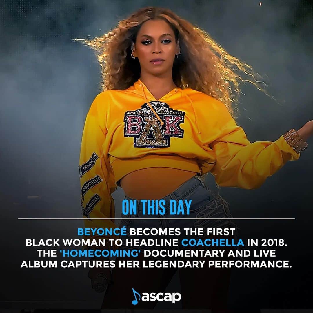 ASCAPさんのインスタグラム写真 - (ASCAPInstagram)「On this day (April 14, 2018), Beyoncé became the first black woman to headline Coachella — dubbed #Beychella by fans.   🐝 Queen Bey fans swarmed to indulge in her 2-hour performance that combined performers from HBCUs, surprise guests like Jay-Z and Solange and her 20 year catalog of hits.   #Beyonce's 105-minute set was also the most-viewed live performance on YouTube in #Coachella's history, with 458,000 simultaneous global viewers at its peak.」4月15日 2時00分 - ascap