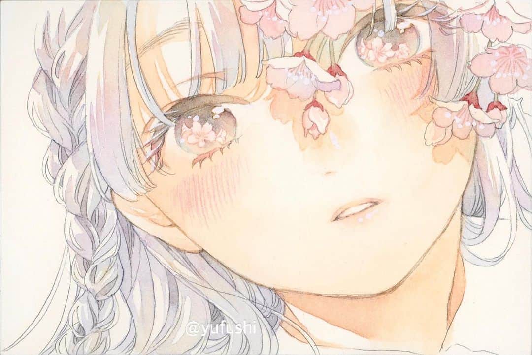 友風子/yufushiのインスタグラム：「瞳に桜  #illustration #illust #イラスト #watercolor #水彩 #透明水彩 #水彩絵の具 #アナログ #アナログイラスト」
