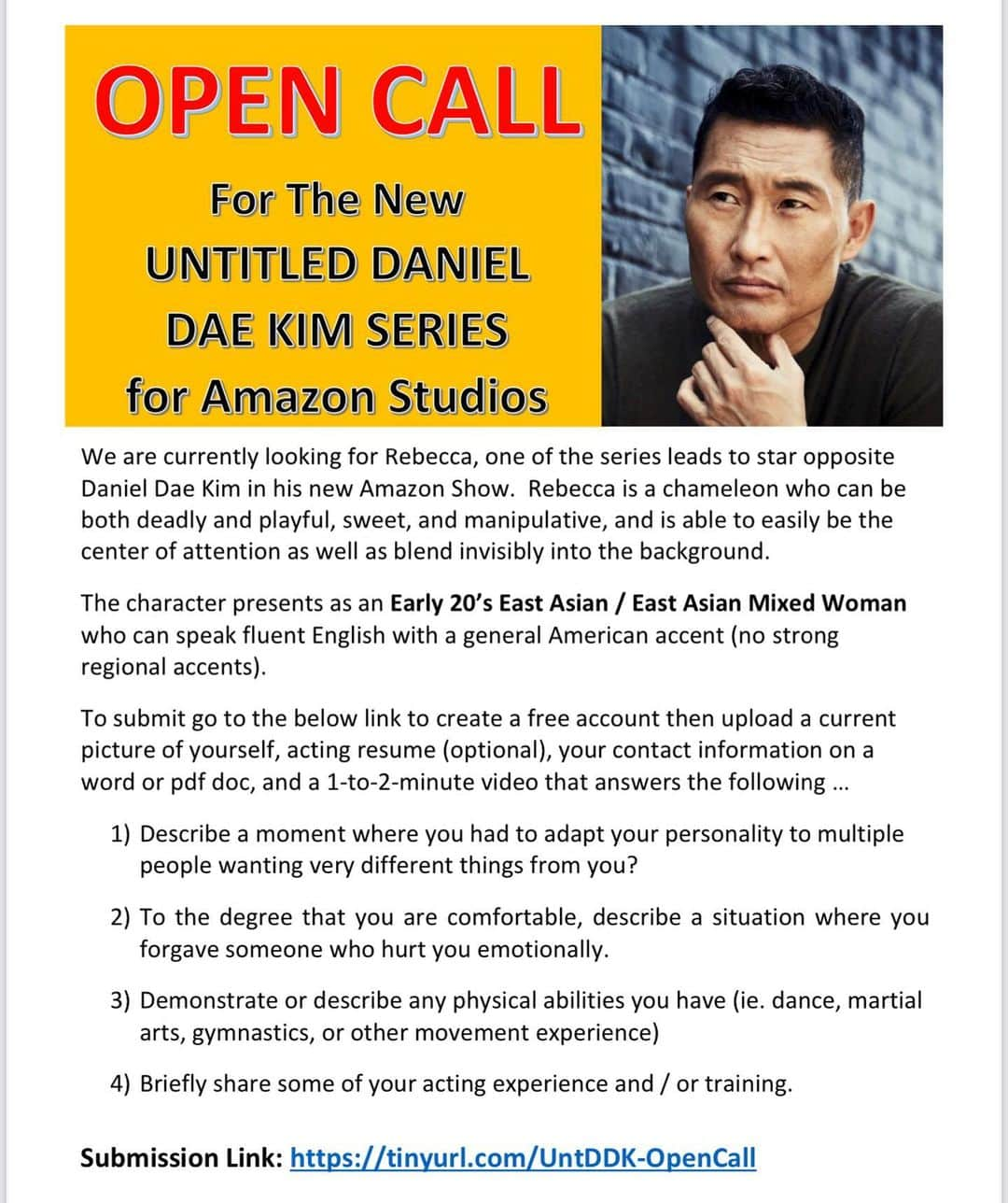 ダニエル・デイ・キムのインスタグラム：「Could this be you? If you think so, head to @3admedia for details.  Good luck! *UPDATE* To those making accusations of ageism, please note that the age range required is neither random nor unconsidered. It is tied to a specific story point.」