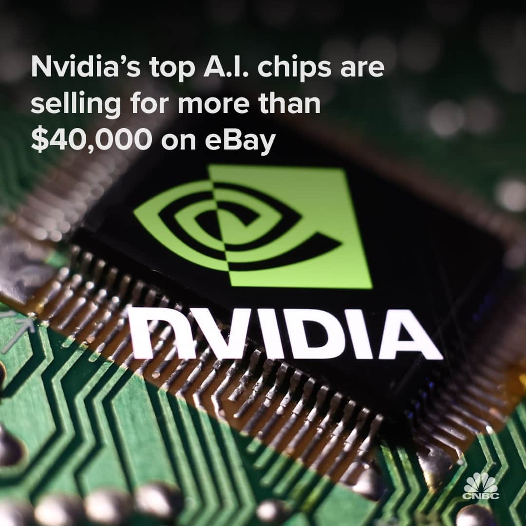 CNBCのインスタグラム：「Nvidia’s most-advanced graphics cards are selling for more than $40,000 on eBay, as demand soars for chips needed to train and deploy artificial intelligence software.⁠ ⁠ The prices for Nvidia’s H100 processors were noted by 3D gaming pioneer and former Meta consulting technology chief John Carmack on Twitter. On Friday, at least eight H100s were listed on eBay at prices ranging from $39,995 to just under $46,000. Some retailers have offered it in the past for around $36,000.⁠ ⁠ The H100, announced last year, is Nvidia’s latest flagship AI chip, succeeding the A100, a roughly $10,000 chip that’s been called the “workhorse” for AI applications.⁠ ⁠ More details at the link in bio.」