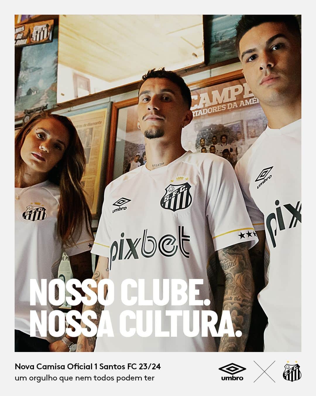 UMBROのインスタグラム：「Our Club. Our Culture.  @santosfc 23/24 Home & Away jerseys. Worn with pride ⚪️⚫️.  Available soon via umbro.com.br  #umbro #santos #thisisourgame」