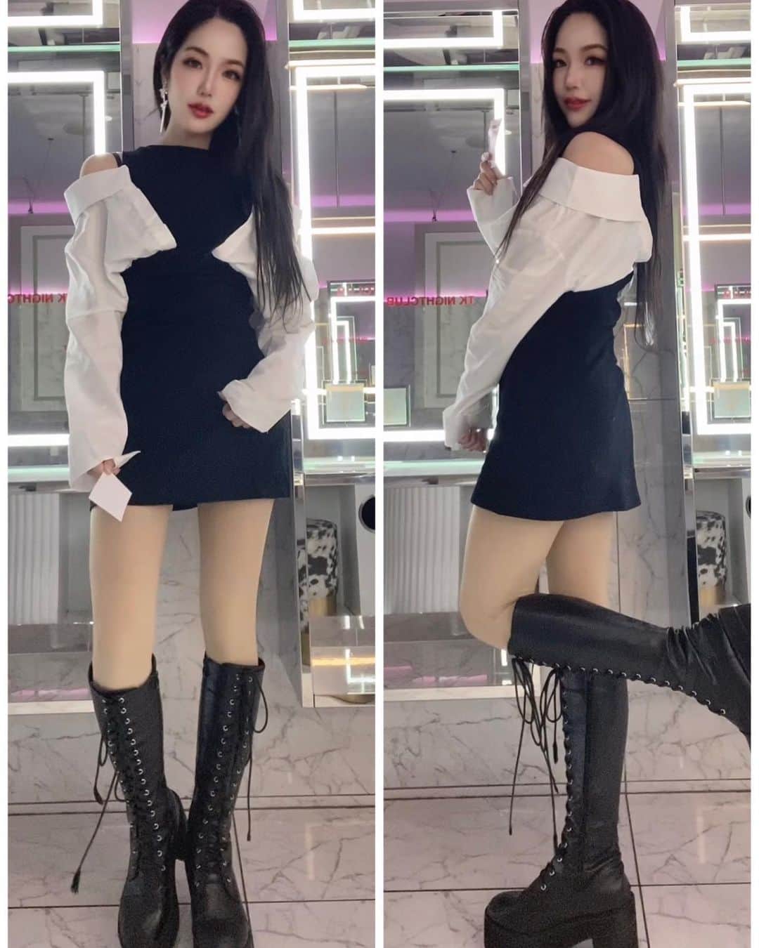 あさちるのインスタグラム：「昨日は @shein_japan のイベント やったからSHEINのワンピース来て 出勤した🫶 やっぱモノトーン好きやねん♡ イベントの衣装も可愛かったのでまた載せます🦋 #SHEIN購入品 #sheinコーデ #sheingals」