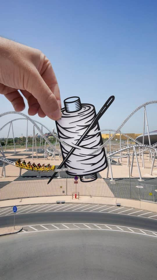 Rich McCorのインスタグラム：「Threading the needle on a Rollercoaster   #AbuDhabi #FerrariWorld #rollercoaster #paperart #streetart」