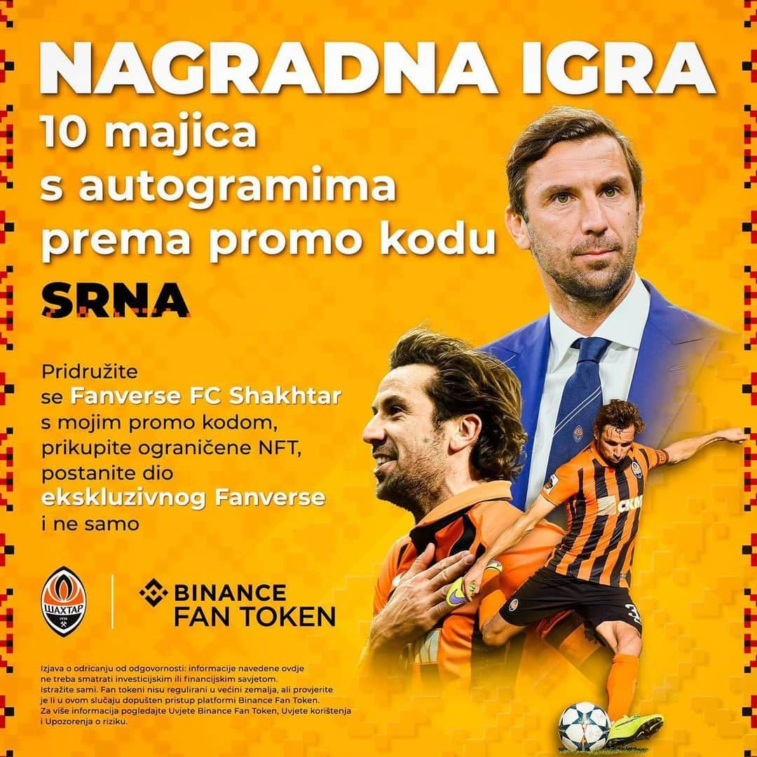 ダリヨ・スルナのインスタグラム：「🧡 @FCShakhtar uz  @BinanceUkraine najavili su novi zajednički proizvod Fanverse! Ovom prilikom želim napraviti nagradnu igru s 10 majica s mojim autogramom! ✨  Održat ću nagradnu igru među svima koji će dobiti Superputovnicu koristeći moj promo kod SRNA ili putem linka u bio.   Uvjeti sudjelovanja:  1. Registrirajte se na Binance s promo kodom SRNA .  2 . Verificirajte račun (nakon što ste prošli kroz sve korake na web stranici partnera ili koristeći Diia).  3. Besplatno nabavite svoju prvu NFT Fanverse navijačku putovnicu FC Shakhtar.    Izvlačenje će trajati do 23. travnja. Dobitnici će biti obaviješteni u roku od dva dana od završetka nagradne igre na e-mail adresu koju su naveli prilikom registracije na Binance.    🧡 @FCShakhtar разом з Binance анонсували новий спільний продукт Fanverse! З цього приводу хочу розіграти 10 футболок з моїм автографом! ✨  Розіграш проведу серед усіх, хто отримає Суперпаспорт за моїм промокодом SRNA або за посиланням у біо.    Умови участі:  1. Зареєструватися на Binance за промо-кодом SRNA.  2. Верифікувати акаунт (пройшовши усі кроки на сайті партнера або за допомогою Дії).  3. Отримати безкоштовно свій перший NFT Fanverse паспорт фаната ФК «Шахтар».    Розіграш триватиме до 23 квітня. Протягом двох днів після закінчення розіграшу переможці отримають повідомлення на електронну пошту, вказану при реєстрації на Binance.」