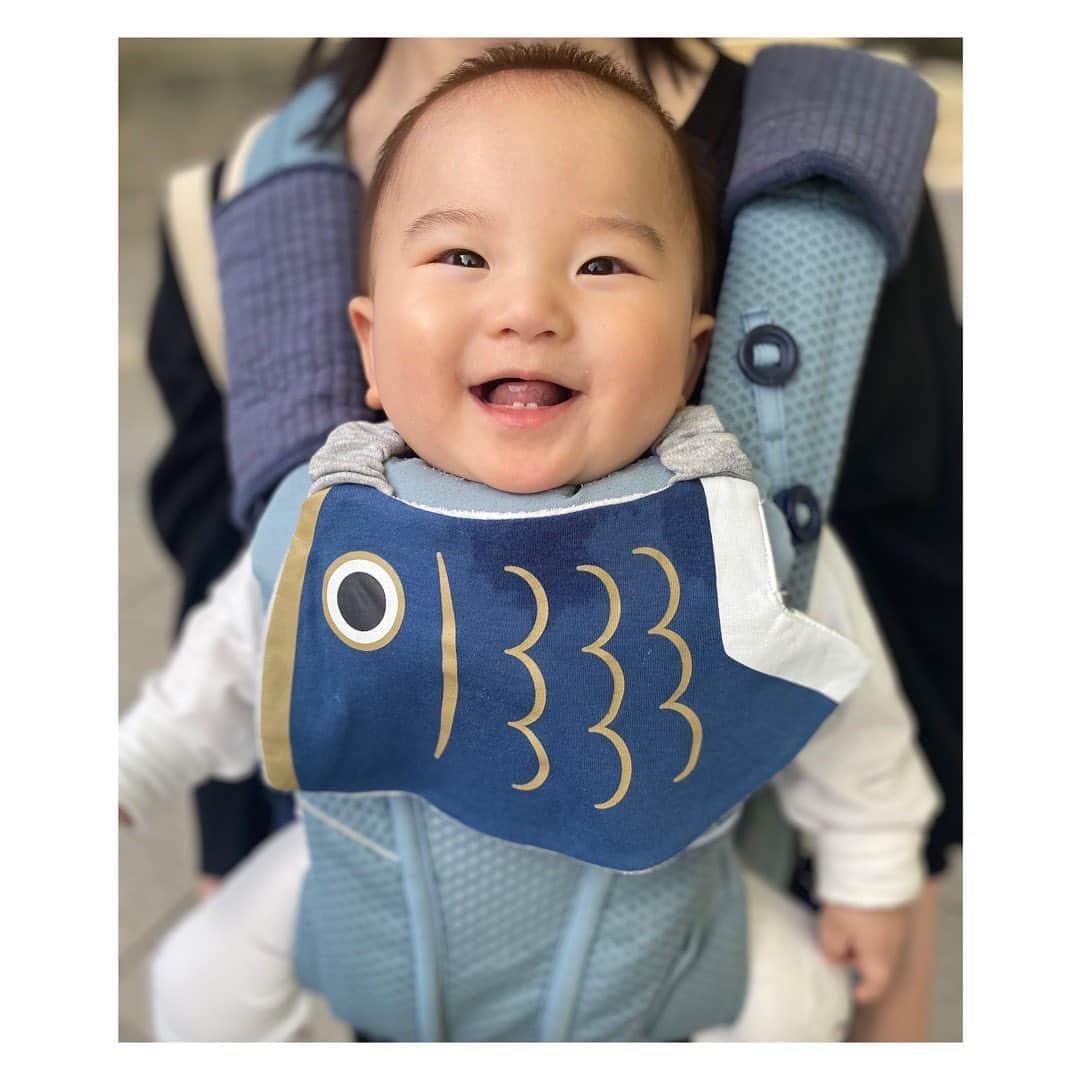 緒月遠麻のインスタグラム：「🎏  使う時期が 限られる 鯉のぼりよだれ掛けを🎁✨  まぁ~ 似合うこと似合うこと♡  そのまま よだれ掛けとして使ってもいーし  まだホワ毛な君だけど よだれ掛けをまくりあげて ヘアーバンドとしても使っていい。  でも ヘアーバンドには  無👶無  #🎏  スクスクね よろしくね🍼👶」