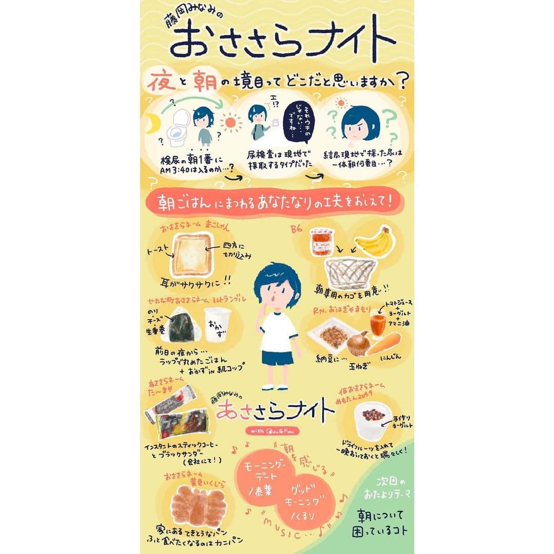 藤岡みなみのインスタグラム：「4/15放送回グラレコ  今回も描いてくれたのはQuu&Fuu( @quufuu_ig )編集長の、にも( @38capricorn )さん。 放送回が聴けるリンクはストーリーから☀️  みなさんから寄せられた朝の工夫がめちゃくちゃ具体的で素晴らしい。「伊藤家の食卓」見た後みたいな気分。なつかし。全部明日から真似したい。  おささらナイトTwitterに読みやすい大きい画像あります。クーフーインスタでも投稿が紹介されるかも。  今週からオンエアも放送後すぐSpotifyで配信されるようになりました。 ポッドキャストも別の内容で毎週配信中です。どちらも無料で、スマホかPCがあればどなたでもお聴きいただけます。  おささらナイトを聴き始めるなら今✨ 周りの方にもおすすめしてもらえたら嬉しいです。  #朝ごはん #グラレコ #おささらナイト #藤岡みなみ #ラジオ #ポッドキャスト #おすすめラジオ」
