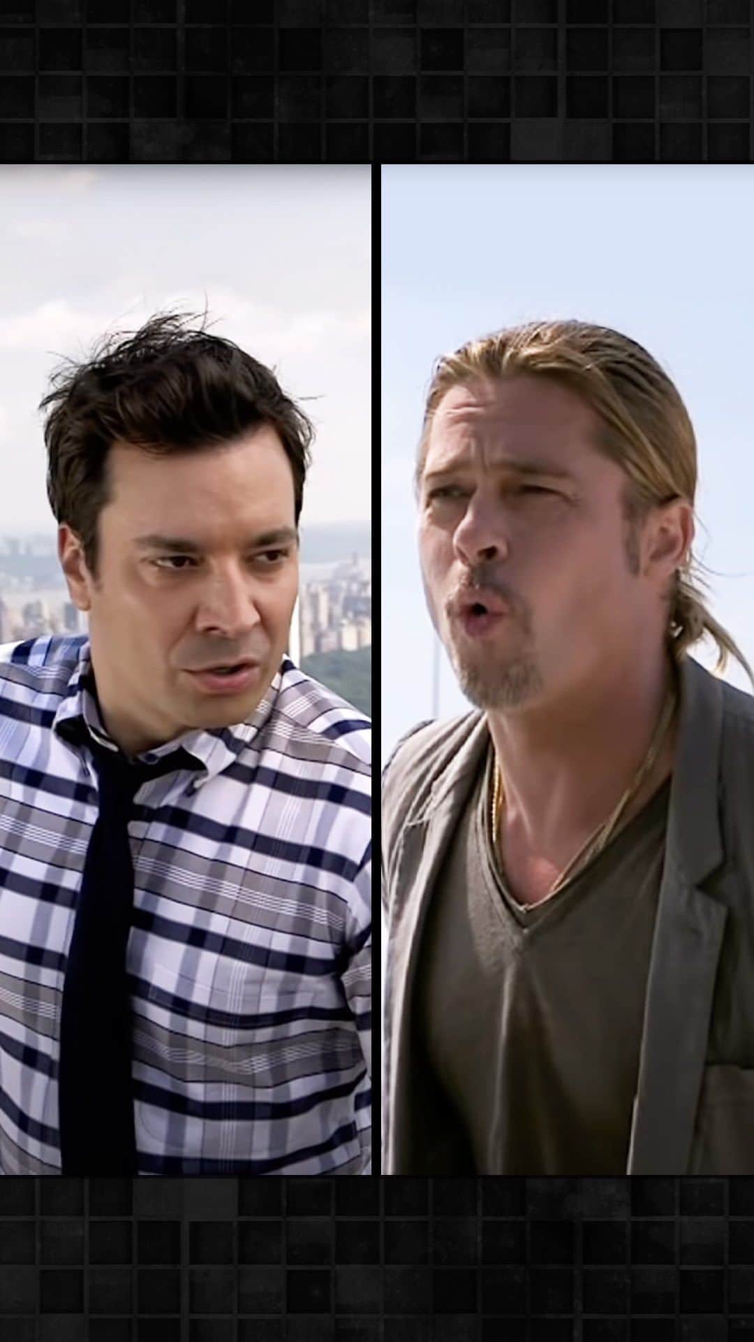 のインスタグラム：「Jimmy and Brad Pitt yodel from different rooftops in New York City! #FallonFlashback #Yodel」