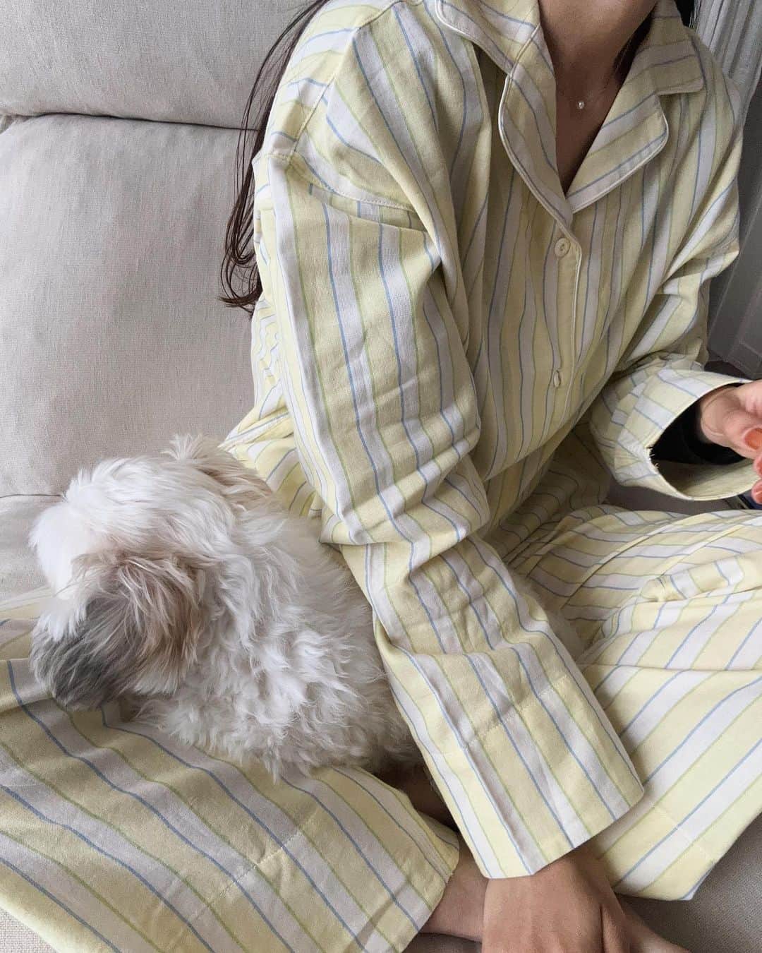 ちょびさんのインスタグラム写真 - (ちょびInstagram)「開襟でストライプのパジャマ、しかもイエローなの個人的にタイプすぎる、、、🍋 本当黄色だいすき🫶🏻 かわいいパジャマって着てるだけでお家でも気分が上がる🤍 気に入りすぎて最近は洗濯しては、こればかり🍋✌🏻 @kidblue_official   #KIDBLUE#キッドブルー#パジャマ#イエロー#おうち時間#おうちじかん#おうち時間を楽しむ#おうち時間を楽しもう」4月16日 17時48分 - kaoriririn15