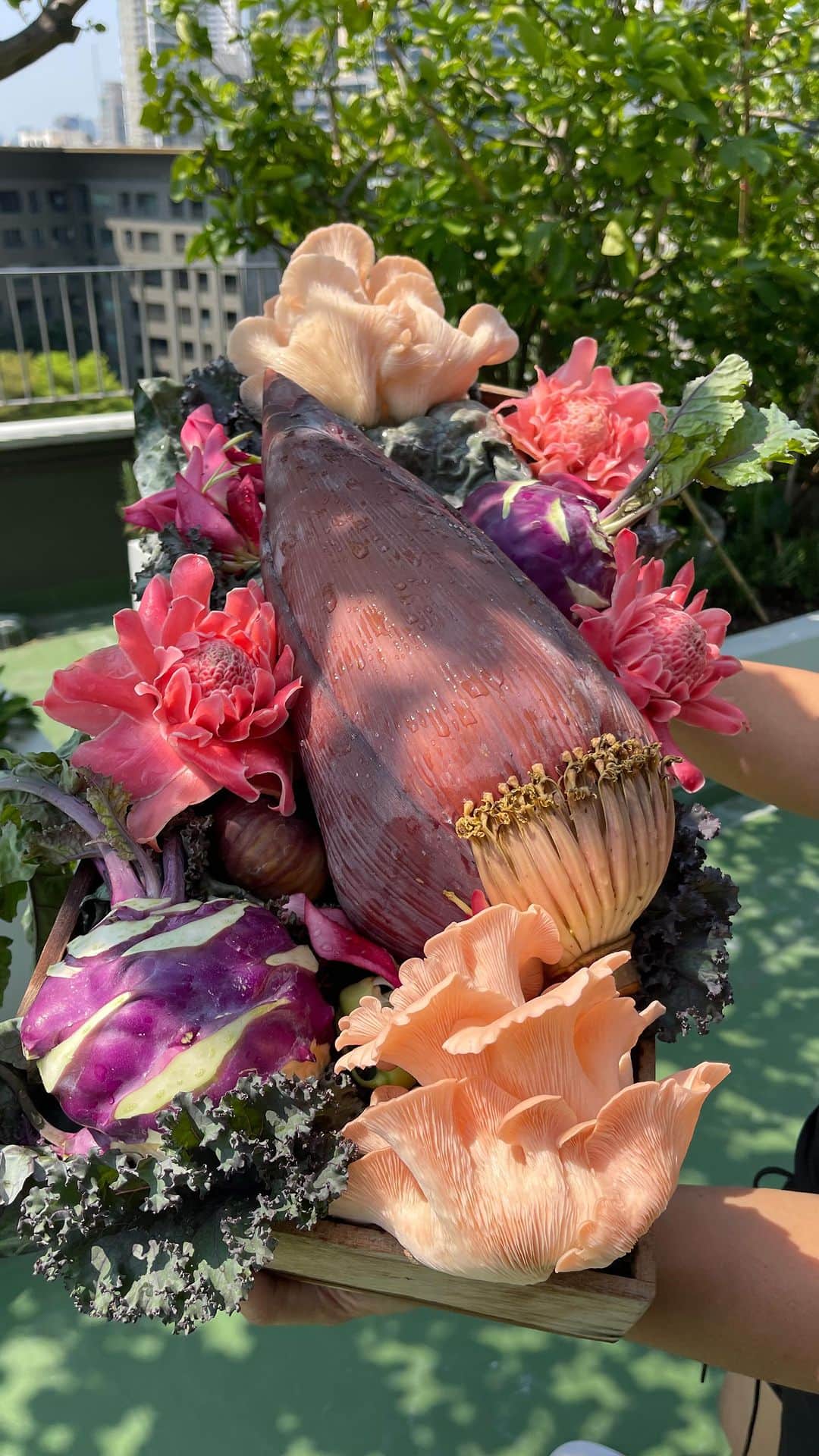 のインスタグラム：「Food Security at Home 😋 We harvested banana blossom, kohlrabi, figs and torch ginger flowers from the rooftop of Bangkok. Made simple Thai dishes like Northern spicy soup, Somtum, banana blossom salad and healthy drink tea 💜 เมนูวันนี้ 🍴 แกงปลี, ยำหัวปลี, ส้มตำกะหล่ำปมม่วงและชาดอกดาหลาค่า #pearypieskygarden」