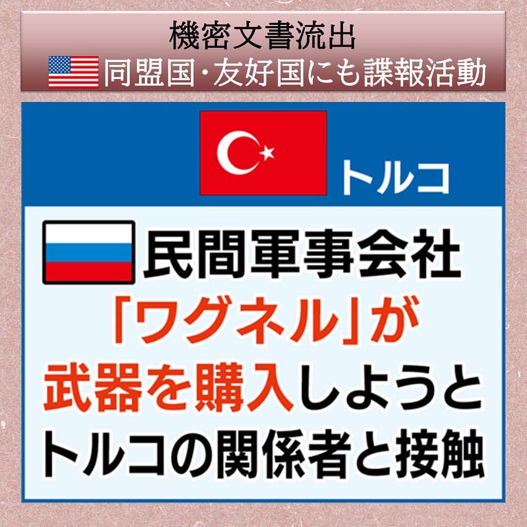TBS「サンデーモーニング」さんのインスタグラム写真 - (TBS「サンデーモーニング」Instagram)「今回流出した機密文書からは、アメリカが日常的に、友好国に対しても諜報活動を行っている実態も浮き彫りになっています。  まずは、同盟国である韓国に関する情報。 ウクライナへの弾薬を提供するようバイデン大統領から圧力をかけられることを危惧する韓国政府内のやりとりを盗聴していたかのような記載がありました。  次に、NATO加盟国のトルコに関する情報。 ロシアの民間軍事会社「ワグネル」が武器を購入しようとしてトルコの関係者に 接触したとの記載がありました。  また、親米政権のエジプトについても、ロシアに提供するためのロケット弾４万発を生産するようシシ大統領が秘密裏に指示したとの記述があったということです。  今回、日本に関するものは今のところ出てきていませんが、日米の安全保障に詳しい小谷教授は、出ていないのは「たまたま」だとした上で、「今回はウクライナ絡みで日本に関する文書は出てこなかったが、中国・台湾関係では日本に対する諜報活動をしている可能性は十分ある。」と指摘しています。  #サンデーモーニング #関口宏 #機密文書流出 #アメリカ #ウクライナ」4月16日 12時58分 - sunday_m_tbs