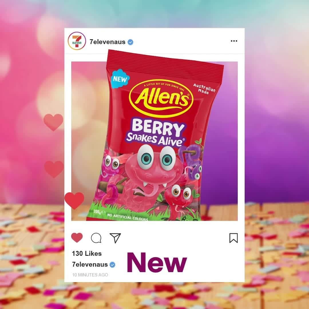 7-Eleven Australiaのインスタグラム：「Gone are the days of fighting over your favourite snake flavours 🐍 Try the new Allen's Lollies Very Berry today, featuring fan favourites strawberry (red) and blackberry (purple). #7ElevenAus.」