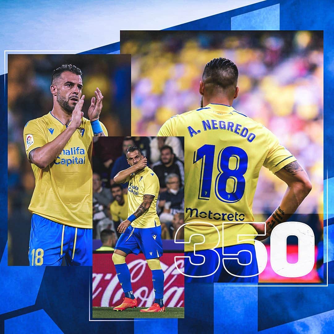 アルバロ・ネグレドのインスタグラム：「Orgulloso de haber podido jugar 350 partidos en esta gran competición @laliga .  Agradecido a mis compañeros, técnicos y a los cuatro clubes que me han permitido alcanzar esta cifra @cadizclubdefutbol @valenciacf @sevillafc @udalmeria」