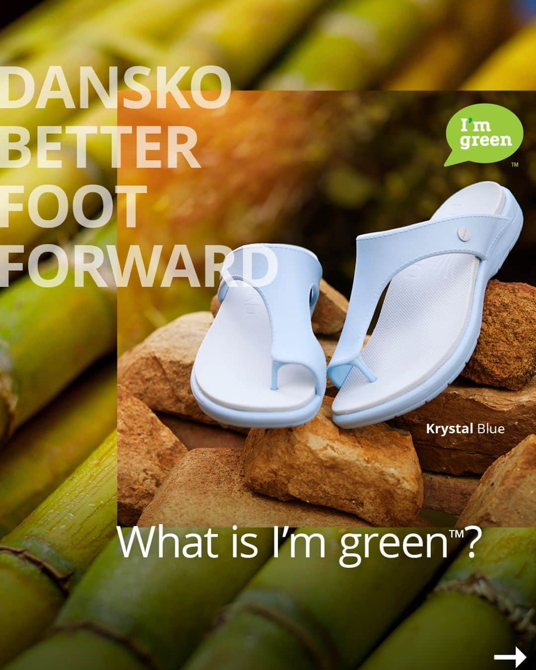 ダンスコのインスタグラム：「What is I’m green™? 🤷‍♀️  I’m green™ is a bio-based EVA made from rapidly renewable sugar cane. This component replaces over 50% of fossil fuel-based content 🌱  Shop our I’m green™ styles, link in bio. #danskofootwear #imgreenstyles #earthweek2023」