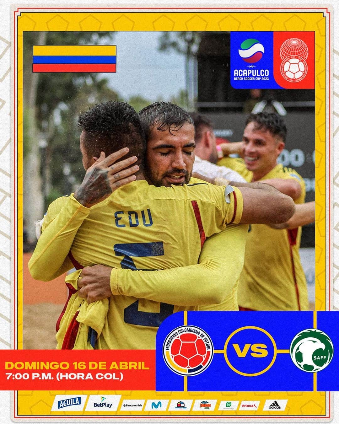 サッカー コロンビア代表チームのインスタグラム：「🏖️⚽️ ¡𝑯𝒐𝒚 𝒄𝒆𝒓𝒓𝒂𝒎𝒐𝒔 𝒍𝒂 𝑨𝒄𝒂𝒑𝒖𝒍𝒄𝒐 𝑩𝒆𝒂𝒄𝒉 𝑺𝒐𝒄𝒄𝒆𝒓 𝑪𝒖𝒑 𝟐𝟎𝟐𝟑!  🗓️ Domingo 16 de abril 🆚 Arabia Saudita 🇸🇦 🕖 7:00 p.m. (hora COL) 🏆 Acapulco Beach Soccer Cup 🏟️ Arena GNP Seguros  #TodosSomosColombia 🇨🇴」