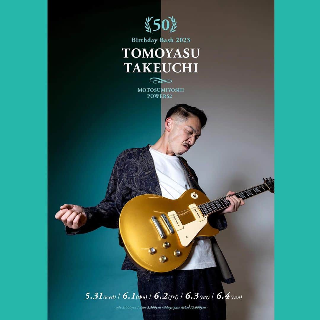 竹内朋康のインスタグラム：「★TOMOYASU TAKEUCHI “50” Birthday Bash! #1★ 2023/5/31（水）＠元住吉POWERS2 OPEN 18:00／START 19:30 ADV￥3000／DOOR￥3500 5日間通し券¥12000 ※通し券ご希望の方は予約フォームのコメント欄に「通し券希望」とご記入お願いします。 1ドリンク＋1フードのオーダーをお願いします。  ■LIVE Momiji＆The Bluestones【大久保紅葉（Vo,Harp）竹内朋康（Gt）前田サラ（Sax）大神田智彦（Bass）白根佳尚（Dr）】  Special Guest 西 慎嗣（Gt）衣美（Vo：EMILAND）Chiyo（Gt）and more!!!  ■DJ Lightoo Light  ■TICKET&INFO 下記予約フォームから御予約可能（前売のご予約は前日の23時迄となります） 注）24時間以内に返信メールが届かない場合はお電話にて確認お願い致します。  〒211-0021 川崎市中原区 木月住吉町21-5 東急東横線元住吉駅より徒歩約8分 元住吉POWERS2 TEL 044-455-0007  ※席は御来場順となります。 ※ライブチャージのカード決済には対応しておりません。 ※お車でお越しの際は近隣のコインパーキングを御利用下さい。 営業時間 11:30-14:00／18:00-24:00（火曜定休）」