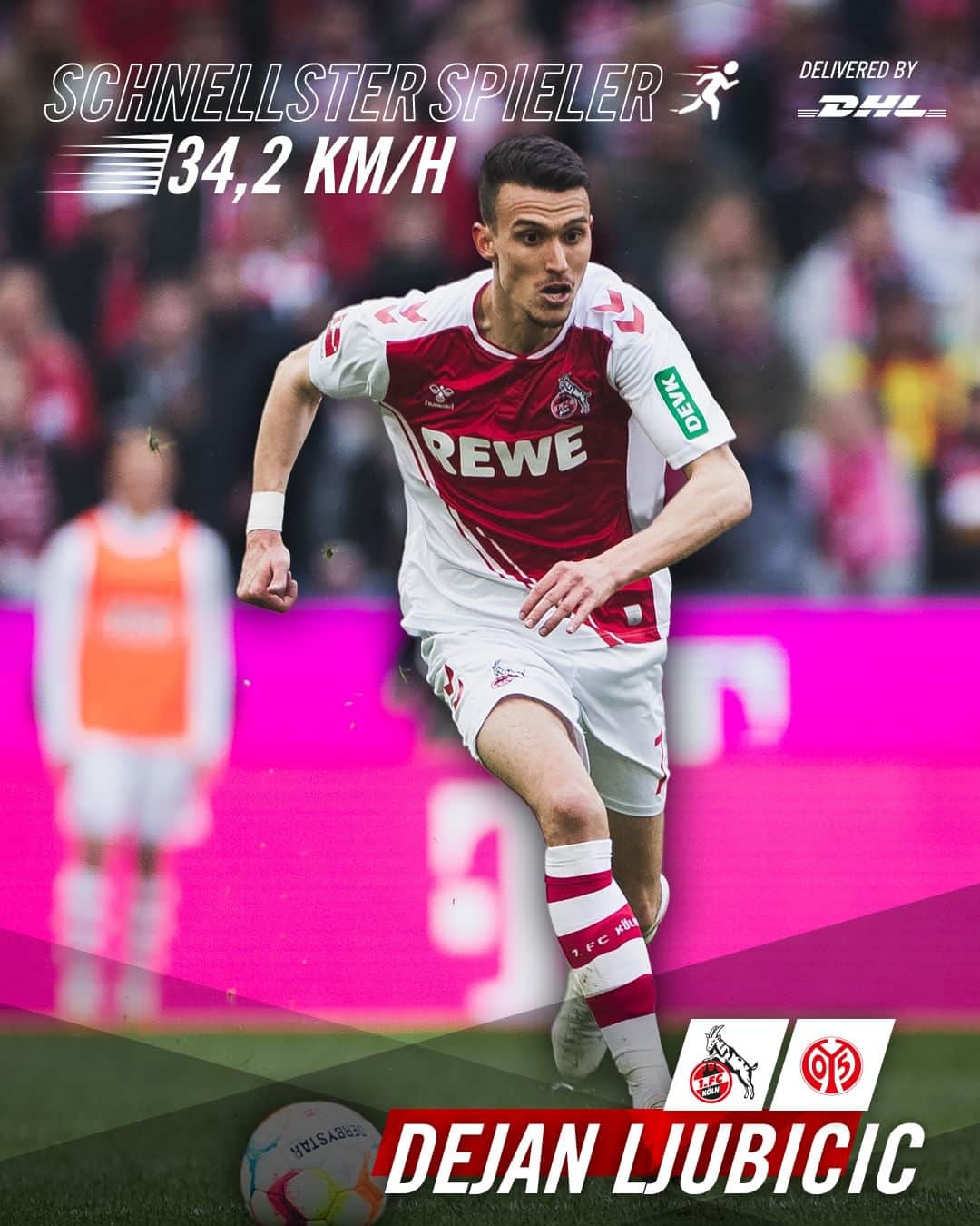 1.FCケルンのインスタグラム：「🏃‍♂️💨 Den Maina-Express übertrumpft, dazu noch den wichtigen Ausgleich erzielt und von allen Akteuren auf dem Platz am meisten gelaufen: @dejanljubicic. 🏆 ___ Der schnellste #effzeh-Spieler wird präsentiert von @dhl_global | #KOEM05」