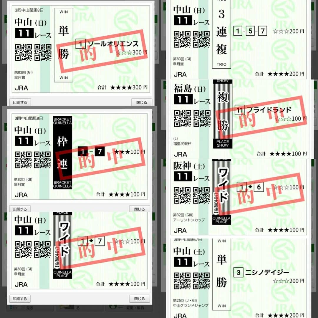宇月田麻裕さんのインスタグラム写真 - (宇月田麻裕Instagram)「今日、明日の馬券　#中山グランドジャンプJ･GⅠ　　　#皐月賞　　GⅠ　 まずは、土曜日　#中山11レース 　#中山グランドジャンプ　J･GⅠ　　#ニシノデイジー　単勝で買いましが、大きく出遅れてしまいました。頑張って走っている姿に感動。かなり挽回したものの、最後力尽きて、ラスト障害危なかったー。ひやひやしました。9着でした。 #阪神11レース　#アーリントンカップ　GⅢ　 6　#オオバンブルマイ　1着　1　#ショーモン　3着　ワイドいただきました。  そして日曜日　まずは、#福島11レース　#福島民報杯　パドックで気になった馬がいたので7番人気でしたが購入。 #プライドランド　複勝いただきました。  #中山11レース 　#皐月賞　GⅠ　  新馬戦の頃から注目して応援していた　#ソールオリエンス　単勝　やったー!!　2番人気でしたが勝ちました！ 三連複で　1　#ソールオリエンス　5　#フリームファクシ　　7　#ファントムシーフ　買いましたが、５番がこなかったので残念。 1-7　ワイド当たりました。やったね！ そして、パドックなどなどで気になった馬がいました。14　#タスティエーラ ワイドで買い足そうか枠連にしようか悩んでいるうちに、まずは枠連購入！　いただきました。ワイドは、考えているうちに時間切れに。 心の中で　#ゴールドシップ産駒　#マイネルラウレア　応援していました。 土日で、プラス🎶　やったね！」4月17日 0時07分 - mahiro_utsukita