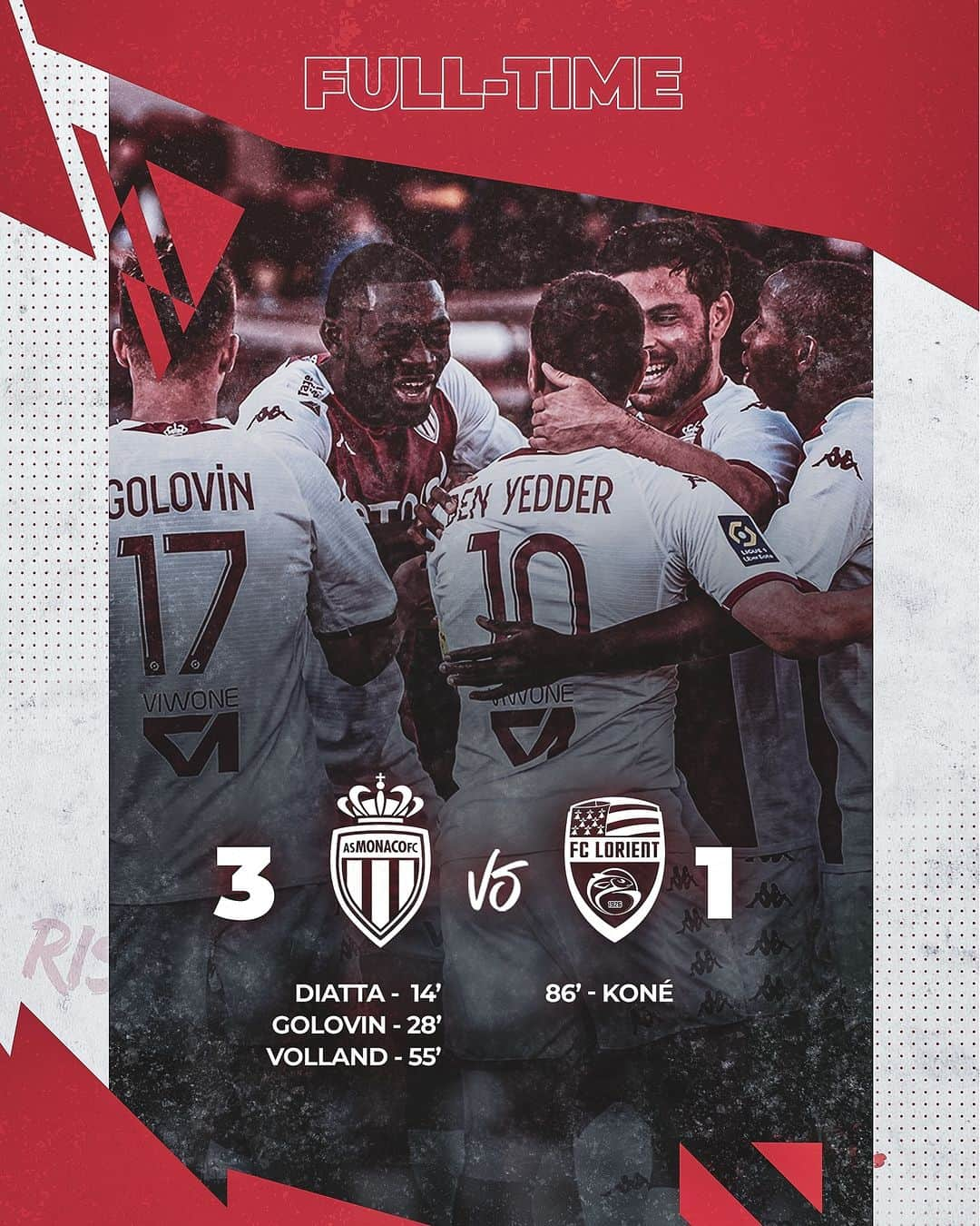 ASモナコのインスタグラム：「𝗩𝗜𝗖𝗧𝗢𝗜𝗥𝗘 😍🔚  Succès mérité pour nos Rouge & Blanc qui s'imposent sans trembler face au @fclorient   👊  Prochain rendez-vous ce samedi au Stade Bollaert face au @rclens où le parcage monégasque affiche déjà complet 🔥  🔚 3-1 #ASMFCL」