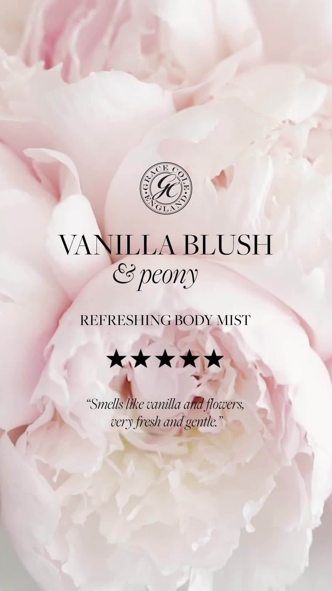 Grace Coleのインスタグラム：「Indulge in the sweet and delicate scent of vanilla blush and peony with our Refreshing Body Mist. Perfect for a quick pick-me-up or a luxurious treat, this mist will leave you feeling refreshed and satisfied all day long. #vanillablush #peonies #bodymist」