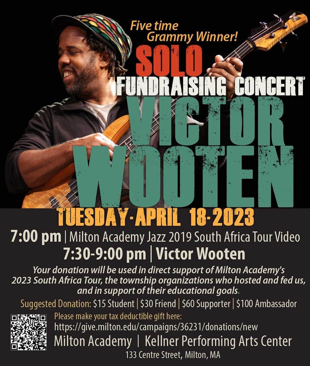ヴィクター・ウッテンのインスタグラム：「Come Join Us!  I’m performing a rare solo concert in direct support of Milton Academy’s 2023 South Africa Jazz Tour and in support of their educational goals.  Please join us Tuesday evening, April 18th, at 7PM in King Theatre, Kellner Performing Arts Center, 133 Centre Street, Milton, MA.  If you aren’t able to join us in person, maybe you will consider a donation in support of their tour. You can make a tax deductible gift here: Thank You!!!  https://give.milton.edu/campaigns/36231/donations/new」