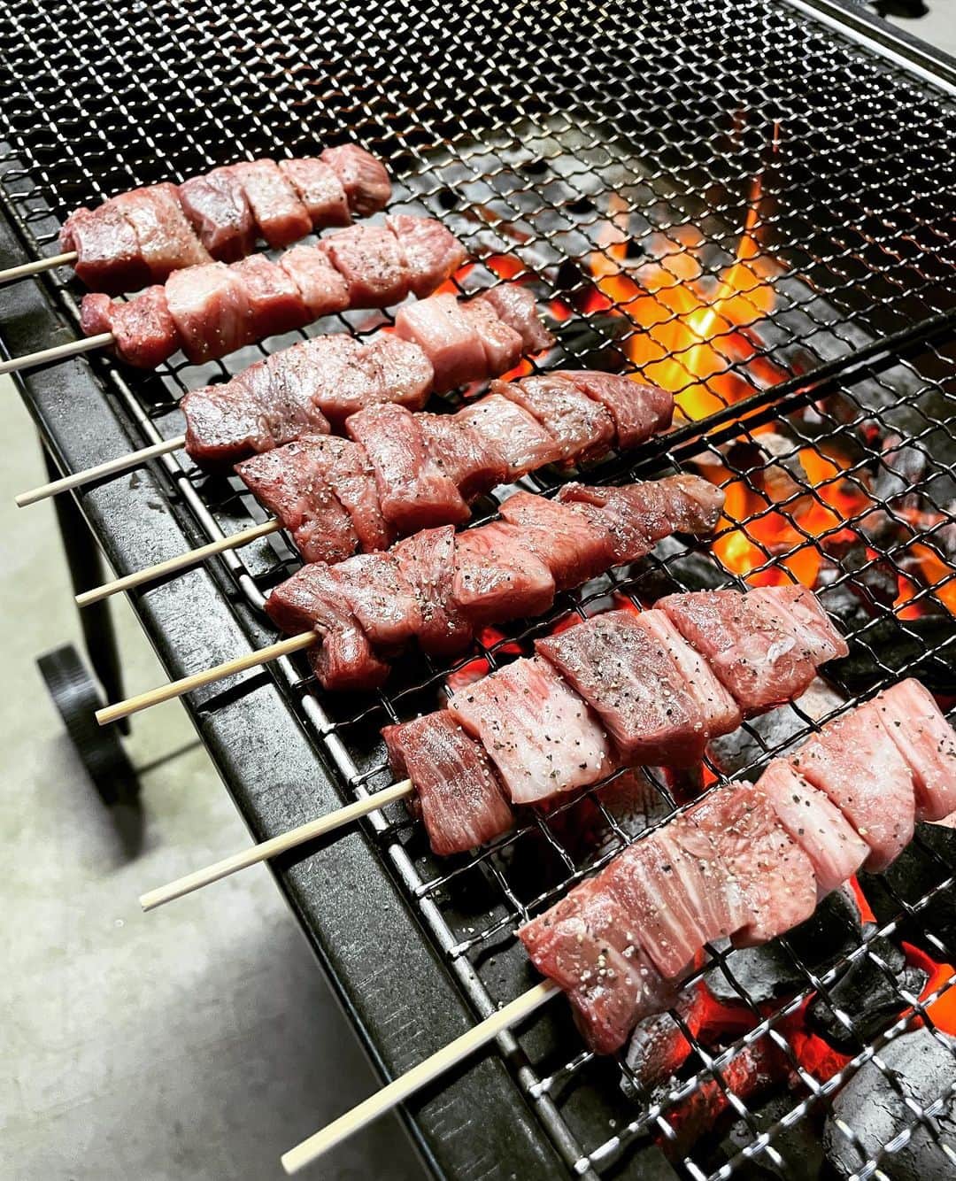 住吉美紀のインスタグラム：「働いたごほうび時間は、農作業場BBQ。ひゃっほう。  ＊前沢牛の串焼き ＊岩手野菜  さらに、これも行っちゃえ  ＊ホッケ！ ＊牛タン！ ＊岩手牛ビッグソーセージ！  バーベキューで食べるてなぜ美味しいが2倍3倍になるのだろう〜。 筋肉痛も癒えそう！ (癒えてはいなかった)」
