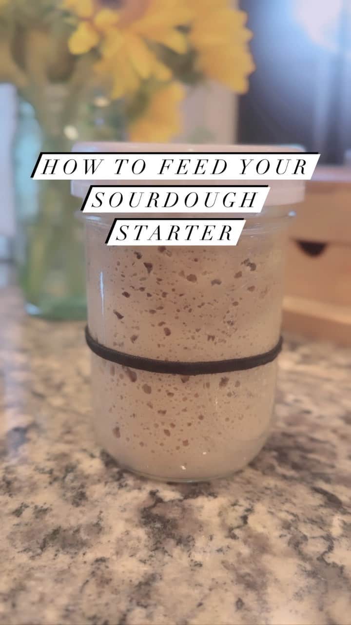 オリビア・タイのインスタグラム：「How to Feed Your Sourdough Starter AKA John Dough  80g starter 80g water 80g flour  Mix, add rubber band, and wait 4-6 hours.」