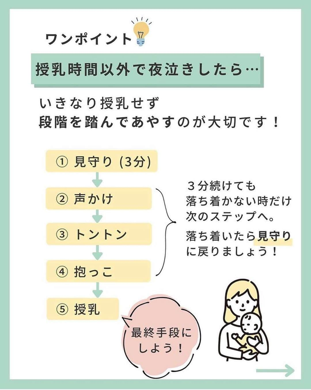 ままのてさんのインスタグラム写真 - (ままのてInstagram)「【夜泣きのNG行動🙅‍♀️】 . . ままのて . . #夜泣き対策 . 毎日の育児おつかれさまです❣️ 赤ちゃんの夜泣きに悩み中のママ・パパは、 ぜひ参考にしてみてくださいね🤗 . . ‥…━━━★゜+.*・‥…‥… . ＼ 夜泣きの時のNG行動5選🙅‍♀️／ ⁡ こんにちは！ IPHI乳幼児睡眠コンサルタントのkanaです。 ⁡ ⁡ ／ 　夜泣きがいつまでもなくならない！ 　夜中に覚醒して寝ない！！ ＼ ⁡ ⁡こんなことないですか🥺？？  それ、 もしかすると夜中の対応が原因かもしれません🥺  良かれと思ってやっている行動が 夜泣きの原因だとしたら、悲しいですよね…  この投稿でNG対応をしていないか セルフチェックしてみましょう🙌  ⁡ + ‥‥‥‥ 夜泣きのときのNG行動① ‥‥‥‥‥ +  ①すぐかけつける  ② 電気をつける 　　天井の電気は豆電球でもつけるのは🆖  ③ 毎回おむつを替える  ④ すぐに授乳する  ⑤ 目を合わせる・声かけをする  +‥‥‥‥‥‥‥‥‥‥‥‥‥‥‥‥‥‥‥‥‥‥‥‥‥‥‥ +  いかがでしたか？  夜泣きのときは、必要以上に 介入するのは逆効果⚠️  まずは 『お子さまを信じて見守る』  これがとっても大事です！  できることから試してみてくださいね☺️  ⁡ もし… 自分でやってみてもうまくいかない！ うちの子にぴったりな方法が知りたい！ という場合は、 乳幼児睡眠コンサルタントを頼ってくださいね✨ ⁡ ご感想・ご質問は コメント欄でお待ちしています🤲 ⁡ ⁡. ‥…━━━★゜+.*・‥… . . @kana_nenne様の投稿です❣️素敵な投稿をリポストさせていただきありがとうございました😊✨⁠💝 . .ままのてキャンペーンはストーリーズから🥰  . 〈mamanote_official Instagramへ参加しよう♡〉 . お子様のかわいい動画、写真 ▶︎【 #ままのて 】 ままのてキャンペーン▶︎【 #ままのてキャンペーン 】 ままのてイラスト▶︎ 【 #ままのてイラスト 】 . @mamanote_official をフォローして、 投稿する動画や写真に合ったオリジナルハッシュタグをできるだけ多くつけて、インスタグラムにアップしてみましょう！ . . 担当者が投稿をチェックして、素敵な写真と動画、イラストをピックアップして、公式アカウントで紹介します❤️ . . . また、動画や写真は、ままのてのFacebook、 またはウェブサイト 「ままのて」内の記事で紹介させていただく場合があります🙌.  #漫画 #日常 #日常漫画 #エッセイ #エッセイ漫画 #新米ママ#赤ちゃんのいる生活 #赤ちゃんのいる暮らし #あかちゃんのいる生活 #夜泣き #夜泣き対策 #ねんねトレーニング #寝かしつけ #寝かしつけ対策 #ねんトレ #セルフねんね #ねんね改善 #IPHI乳幼児睡眠コンサルタント」4月17日 12時00分 - mamanote_official