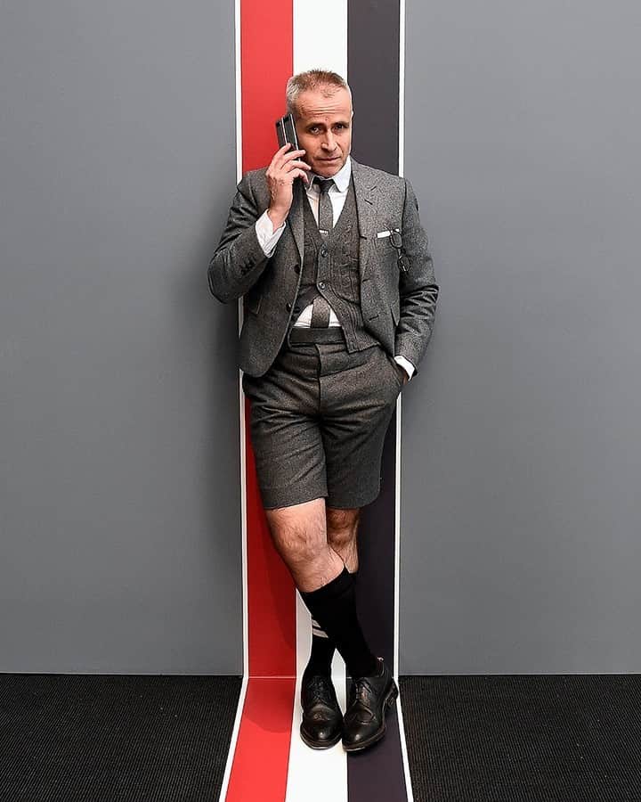 TIME Magazineのインスタグラム：「@thombrowne is one of the 100 most influential people of 2023.  "Thom Browne is a creator of worlds," writes Amy Sherald (@asherald).  "He re-envisions the fashion lexicon through his designs, proportions, and storytelling even within the parameters of his classic gray uniform."  Read more, and see the full 2023 #TIME100 list, at the link in our bio. Photograph by Ilya S. Savenok (@illysava)—Samsung Electronics America/Getty Images」