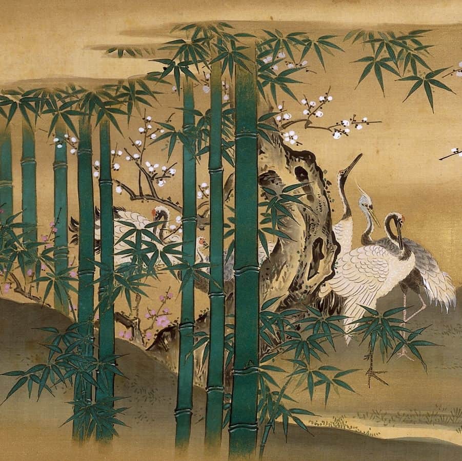大英博物館のインスタグラム：「“The cranes are pacing on the first day of spring, true to their nature” 🍃  Today is #HaikuDay! The changing seasons were commemorated in this pocket-sized poem by Takarai Kikaku, translated here from the original Japanese.   Haiku first emerged in the 17th century and is now one of the most widely recognised poetic forms worldwide. Composed of just 17 syllables, they are valued for their ability to communicate the essence of an emotion with simplicity and lightness.   The crane is a symbol of good fortune and longevity across East Asia, where people traditionally believed that the bird lives for a thousand years.   📜 This scroll, painted by Kano Eisen'in Michinobu, begins with flying cranes and ends with cranes posed beside plum and young bamboo, another common symbol for springtime 🎋  To discover more timeless Haiku, as well as other pieces inspired by the art  and literature of Japan, head to the link in our bio to visit our online shop 🛍   🔎 Kano Eisen'in Michinobu (1730–1790), ‘Cranes with pine, bamboo, and  plum’. Colours on silk handscroll, Japan, Mid 1700s.   #BritishMuseum #Haiku #JapaneseArt」