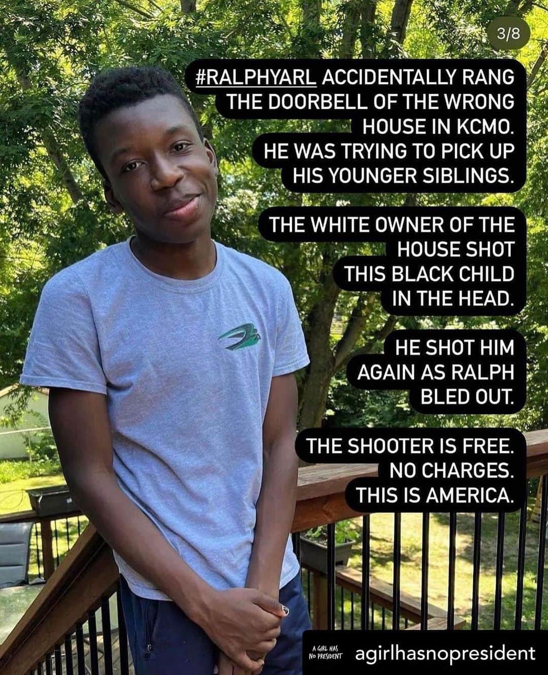 レイチェル・レフィブレのインスタグラム：「The man who shot this child is already home free. Zero consequences, not even being held by police. Please call the number below to demand justice. If we hear/see racism and don’t speak out, we are complicit in failing to heal this nation’s sickness. Find your courage to speak up and speak out- children are dying.  Thank you @agirlhasnopresident & @thetnholler for sharing this.   Posted @withregram • @agirlhasnopresident I’m not in a place right now where I can share those pictures or even look at them, but hopefully this can help get some information out.   Posted @withregram • @chocolatemommyluv REPOST: SIXTEEN year old #RalphYarl (who is alive and being treated in the hospital) was going to pick up his two younger siblings from an unfamiliar address when he was shot in the head and again while on the ground by the white man that answered the door after he rang the wrong door bell. Ralph is a junior in High School. He loves music and plays the bass clarinet. He is loved by his family and community and he has a bright bright future. He didn't deserve what happened to him. We won't stand for it. We are coming for justice. Use the contact information below to demand Prosecutor Zachary Thompson make an immediate arrest and bring the appropriate charges: Building: James S. Rooney Justice Center Address: 11 South Water Street Liberty, Missouri 64068 Telephone: 816-736-8300 Fax: 816-736-8301 Email: prosecutor@claycopa.com」