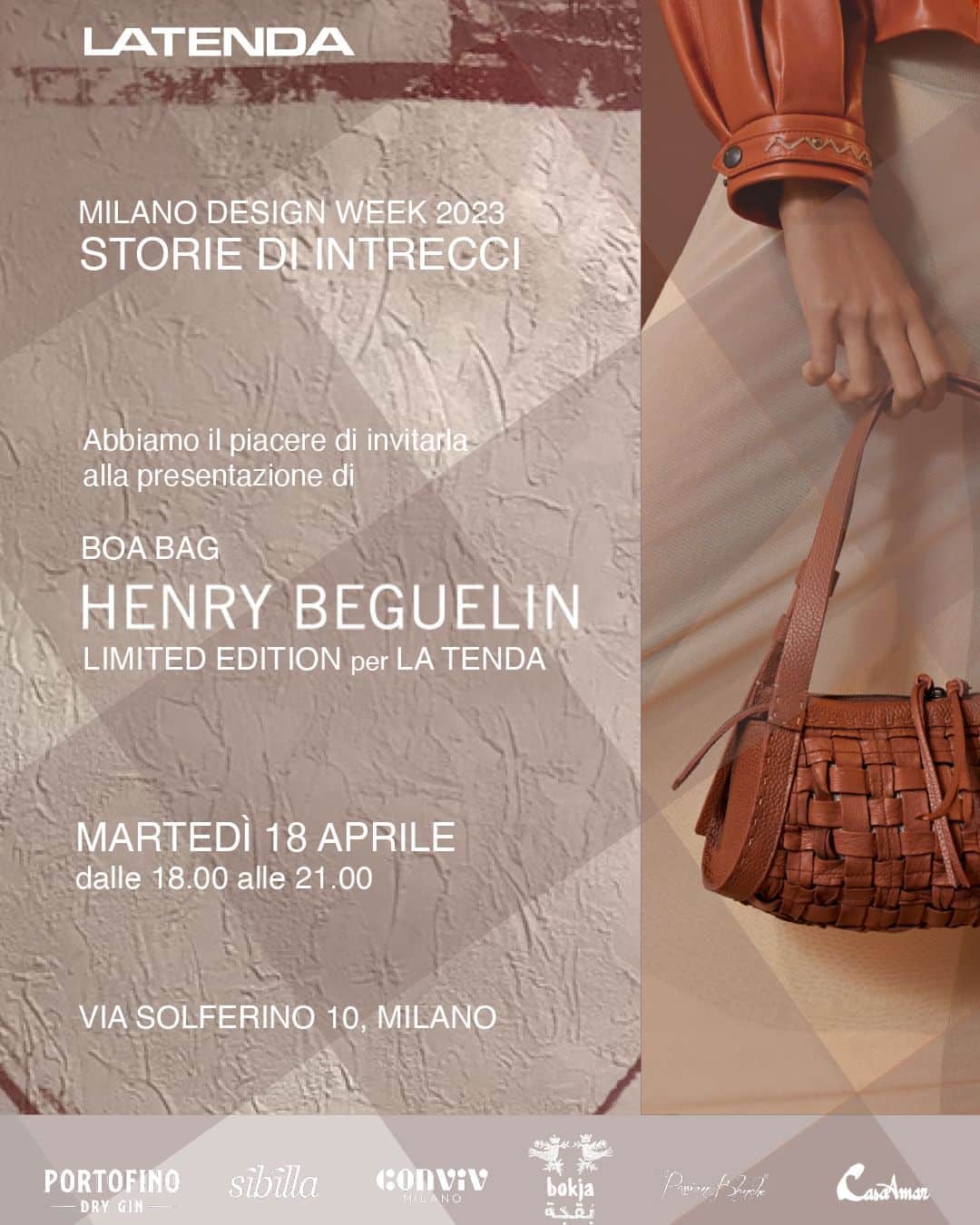 エンリーベグリンのインスタグラム：「Come discover the new Boa Bag at La tenda boutique in Milano: in the occasion of #MilanDesignWeek a special limited edition will be presented.  #HenryBeguelin #LaTendaMilano #milanodesignweek2023 #milandesignweek」