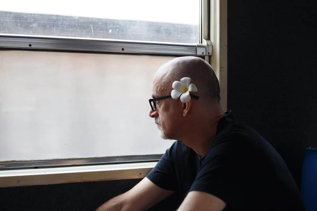 Shunsuke Miyatakeのインスタグラム：「A man with Plumeria /  The man was on a train in the middle of the Khmer New Year from Phnom Penh to Kampot, looking out of the train with a serious face.  Despite his serious face, he was wearing a plumeria flower over his ear, which was nothing short of cute.  The dark blue seats and wallpaper inside the car were lit from the outside. It looks as if the plumeria flowers are shining outside from inside the car.  The man was my friend, Simon.」